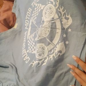 A light blue California motor your shirt